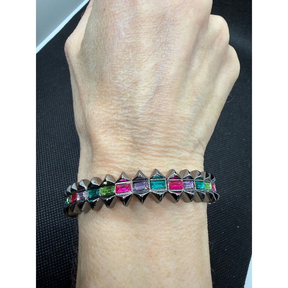 Multi Color Baguette Crystal Gunmetal Spike Stretch Bracelet Rainbow Punk